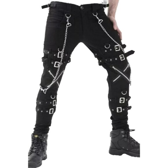 Gothic Bondage Rock Black Punk Buckle Zips Chain Strap Trousers Trip Pants Usa